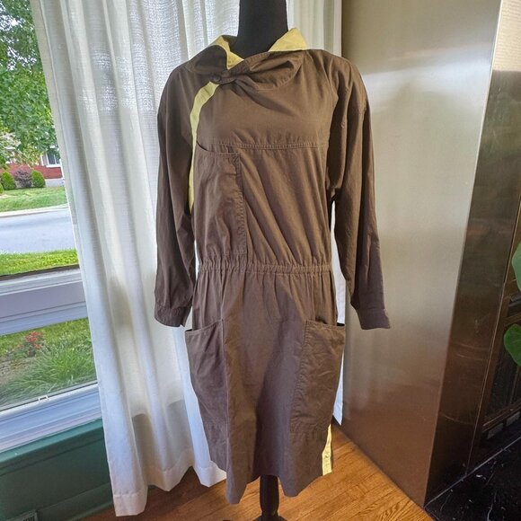 Vintage 80s dress, cocoa brown & yellow, asymmetrical collar, avant-garde style - Picture 1 of 10